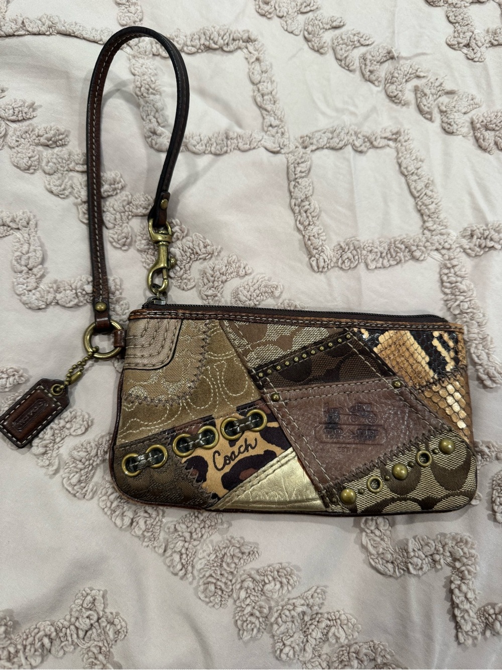 Coach Patchwork Leather Wristlet in Brown and Gold Tones